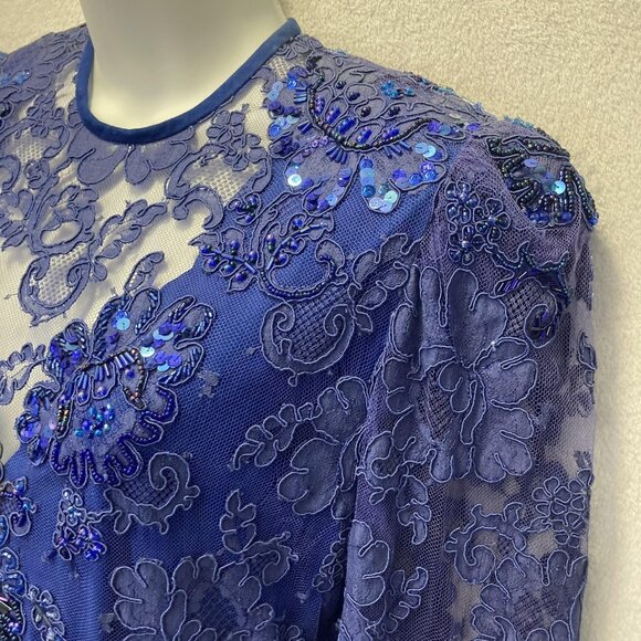 Vintage 80s Handmade Lace Beaded Midi Dress Womens 6 Blue Sequins Suede Regency - Picture 12 of 16